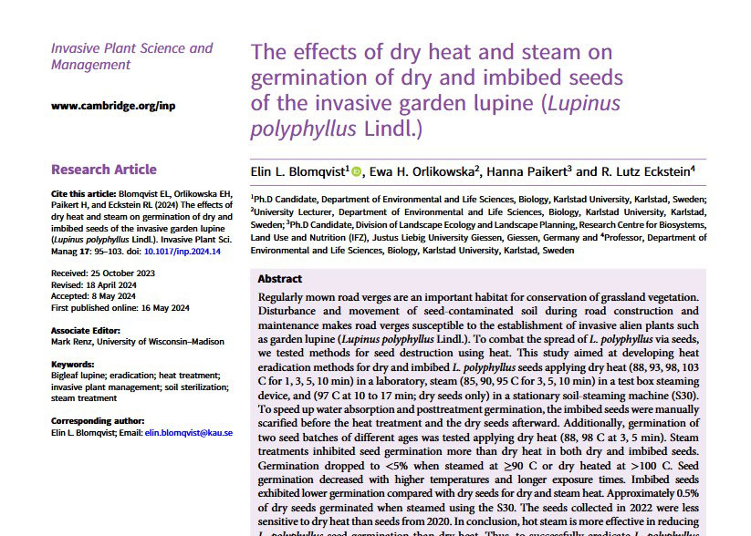 The effects of dry heat and steam on germination of dry and imbibed seeds of the invasive garden lupine